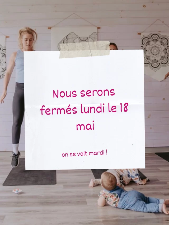 Lundi 18 mai, c’est congé chez Bougeotte et Placotine! ☀️

Nos studios seront fermés pour le férié, mais il se pourrait que certaines succursales offrent des cours.

Assurez-vous de valider avec votre succursale!

Profitez-en pour jouer dehors, bouger en famille, prendre une grande bouffée d’air frais et faire le plein d’énergie! 🌿👟

On se retrouve mardi, motivées et prêtes à bouger! ✨